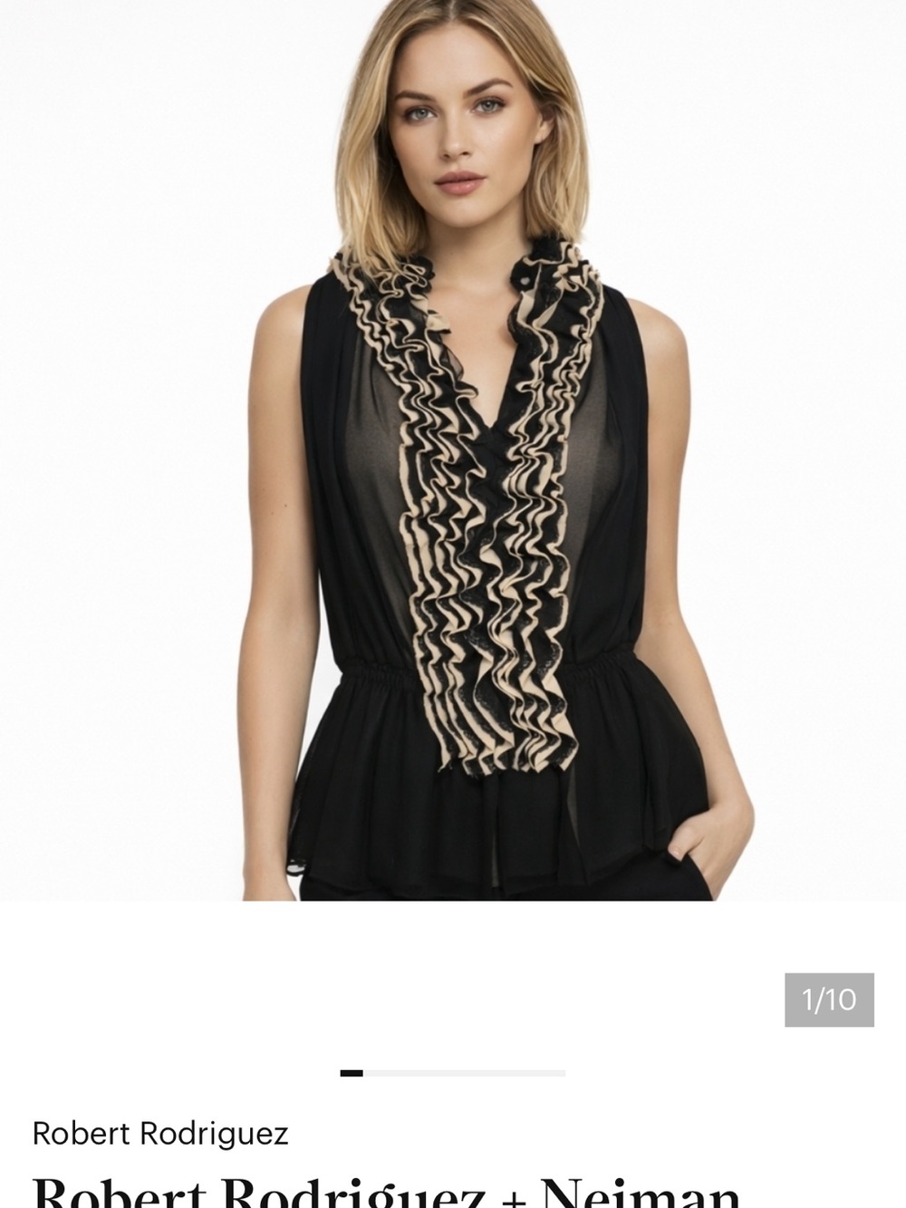Robert Rodriguez Black Sleeveless Ruffle Blouse with Cream Accents